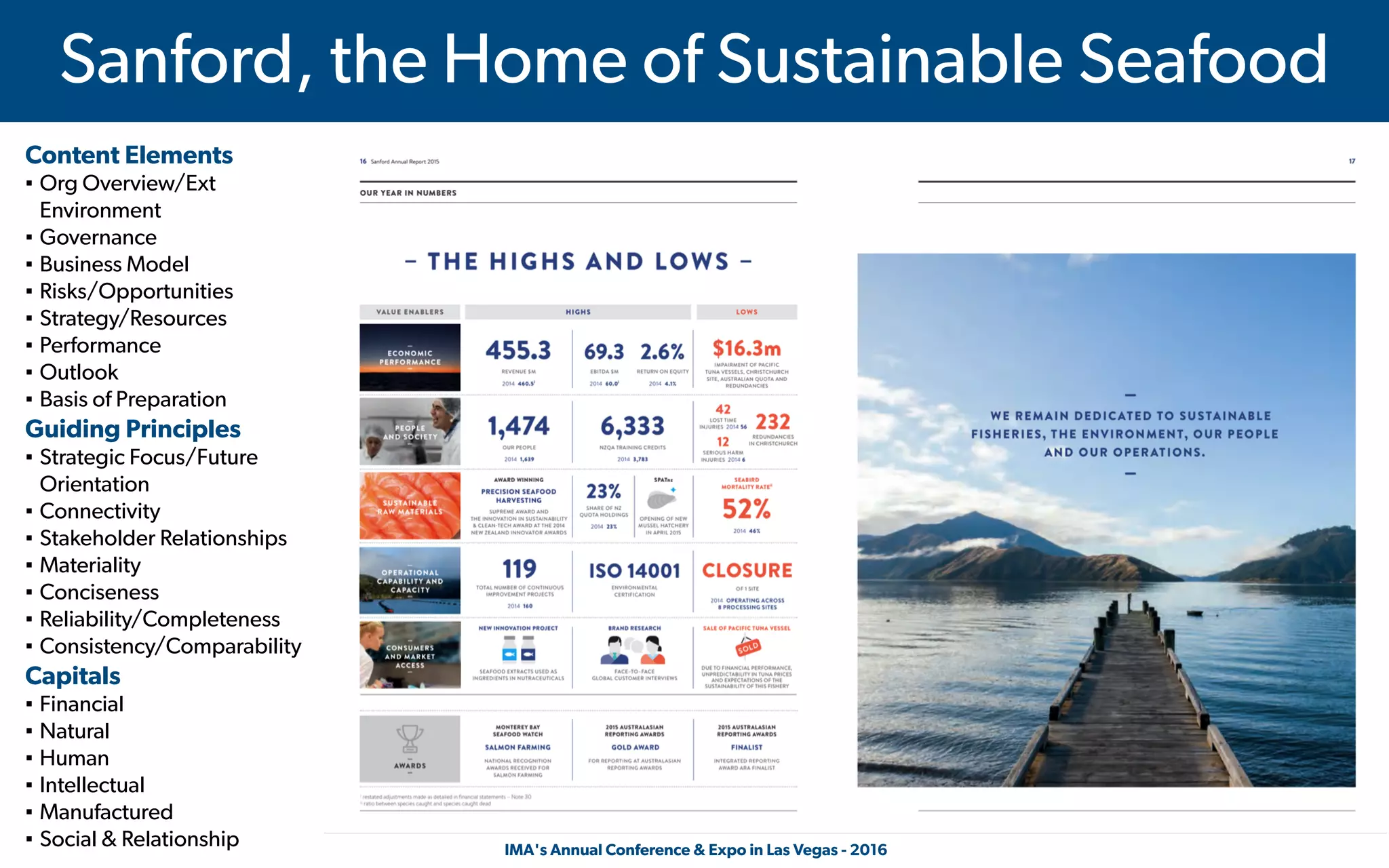  IMA's Annual Conference & Expo in Las Vegas - 2016
Sanford, the Home of Sustainable Seafood
Content Elements
▪ Org Overview/Ext
Environment
▪ Governance
▪ Business Model
▪ Risks/Opportunities
▪ Strategy/Resources
▪ Performance
▪ Outlook
▪ Basis of Preparation
Guiding Principles
▪ Strategic Focus/Future
Orientation
▪ Connectivity
▪ Stakeholder Relationships
▪ Materiality
▪ Conciseness
▪ Reliability/Completeness
▪ Consistency/Comparability
Capitals
▪ Financial
▪ Natural
▪ Human
▪ Intellectual
▪ Manufactured
▪ Social & Relationship
 