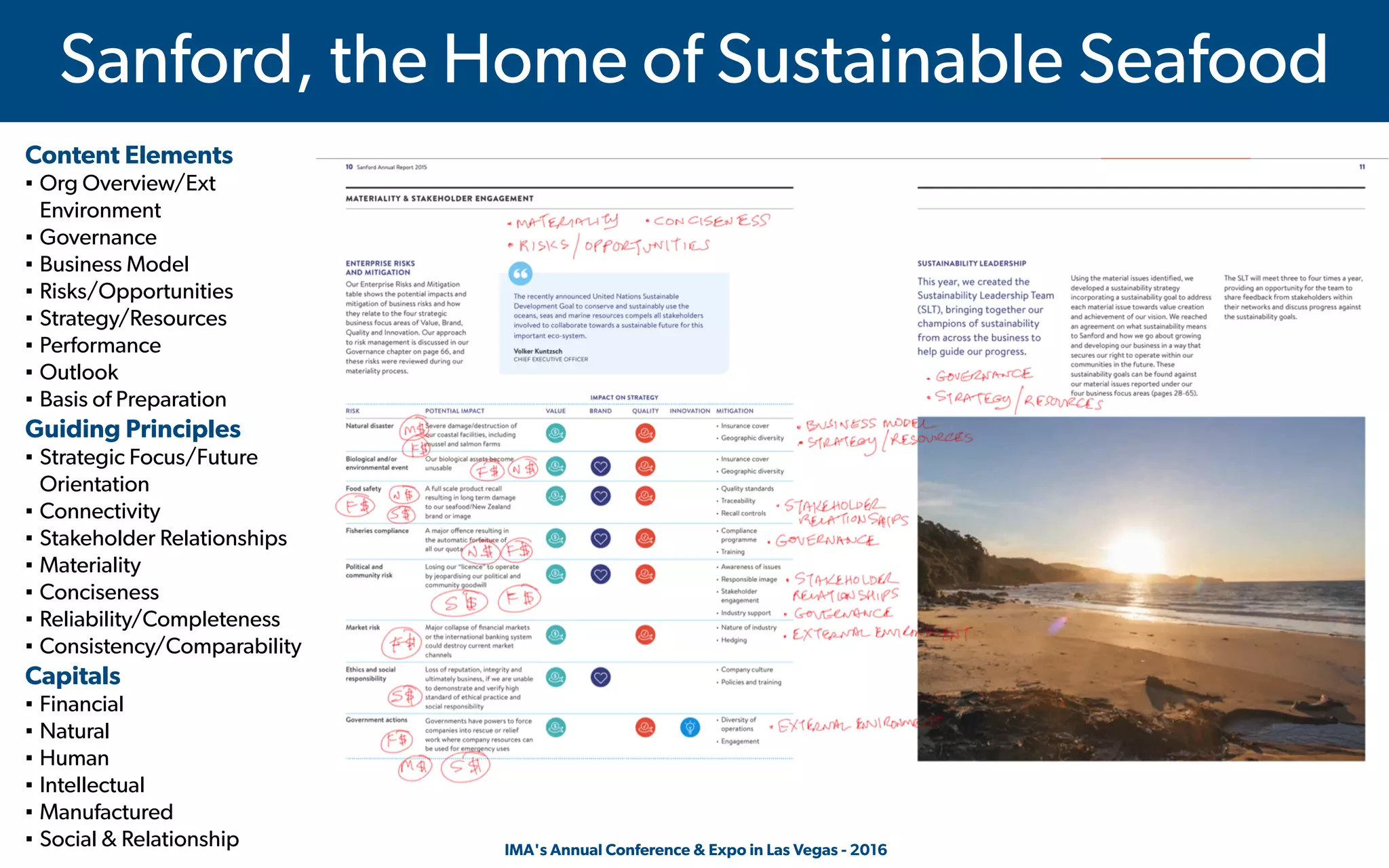  IMA's Annual Conference & Expo in Las Vegas - 2016
Sanford, the Home of Sustainable Seafood
Content Elements
▪ Org Overview/Ext
Environment
▪ Governance
▪ Business Model
▪ Risks/Opportunities
▪ Strategy/Resources
▪ Performance
▪ Outlook
▪ Basis of Preparation
Guiding Principles
▪ Strategic Focus/Future
Orientation
▪ Connectivity
▪ Stakeholder Relationships
▪ Materiality
▪ Conciseness
▪ Reliability/Completeness
▪ Consistency/Comparability
Capitals
▪ Financial
▪ Natural
▪ Human
▪ Intellectual
▪ Manufactured
▪ Social & Relationship
 