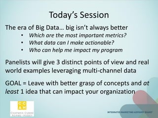 Today’s Session
The era of Big Data… big isn’t always better
• Which are the most important metrics?
• What data can I make actionable?
• Who can help me impact my program
Panelists will give 3 distinct points of view and real
world examples leveraging multi-channel data
GOAL = Leave with better grasp of concepts and at
least 1 idea that can impact your organization
 