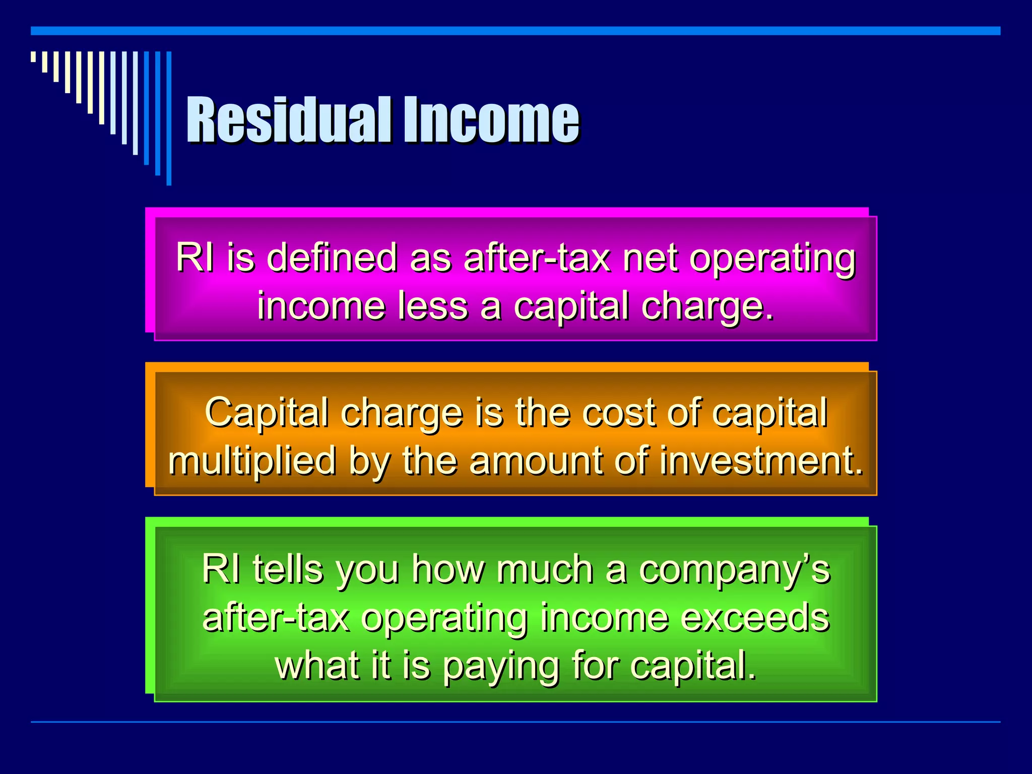Residual Income RI is defined as after-tax net operating income less a capital charge. Capital charge is the cost of capital multiplied by the amount of investment. RI tells you how much a company’s after-tax operating income exceeds what it is paying for capital. 