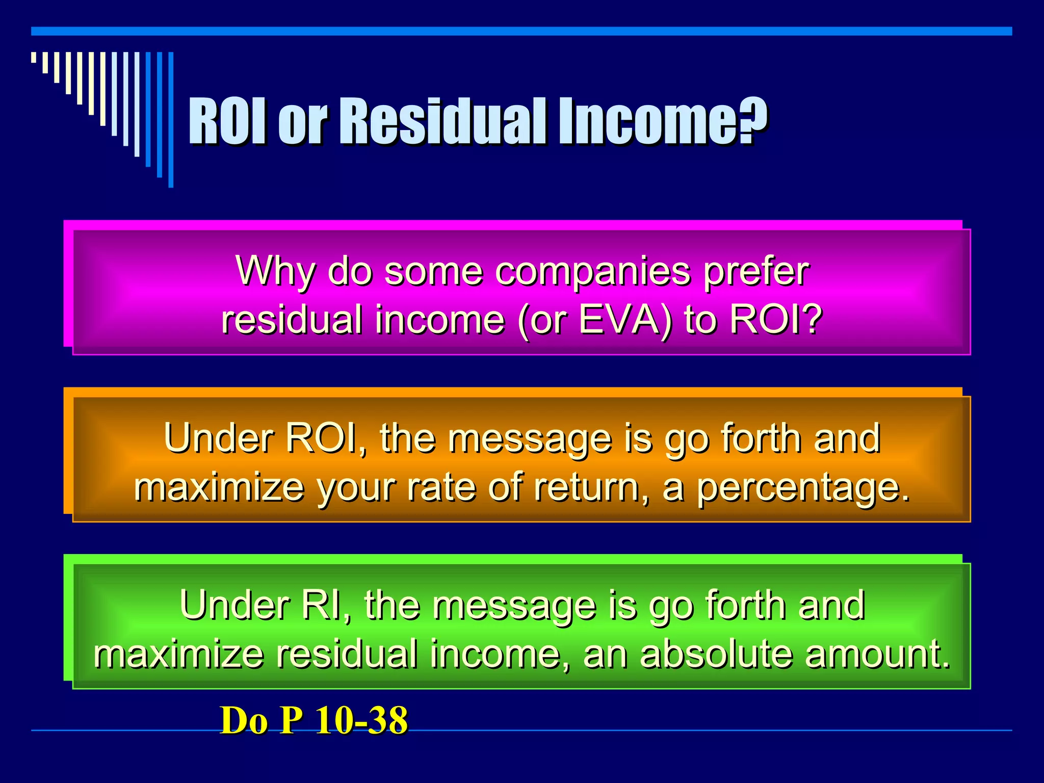 ROI or Residual Income? Why do some companies prefer residual income (or EVA) to ROI? Under ROI, the message is go forth and maximize your rate of return, a percentage. Under RI, the message is go forth and maximize residual income, an absolute amount. Do P 10-38 