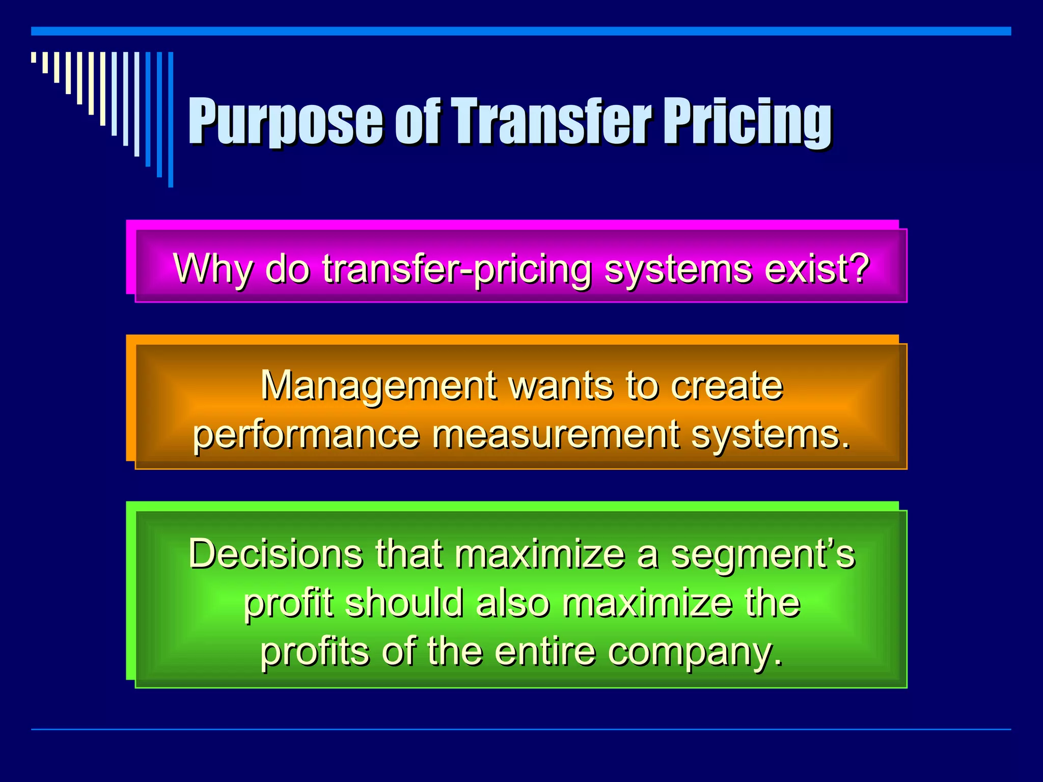 Purpose of Transfer Pricing Why do transfer-pricing systems exist? Management wants to create performance measurement systems. Decisions that maximize a segment’s profit should also maximize the profits of the entire company. 