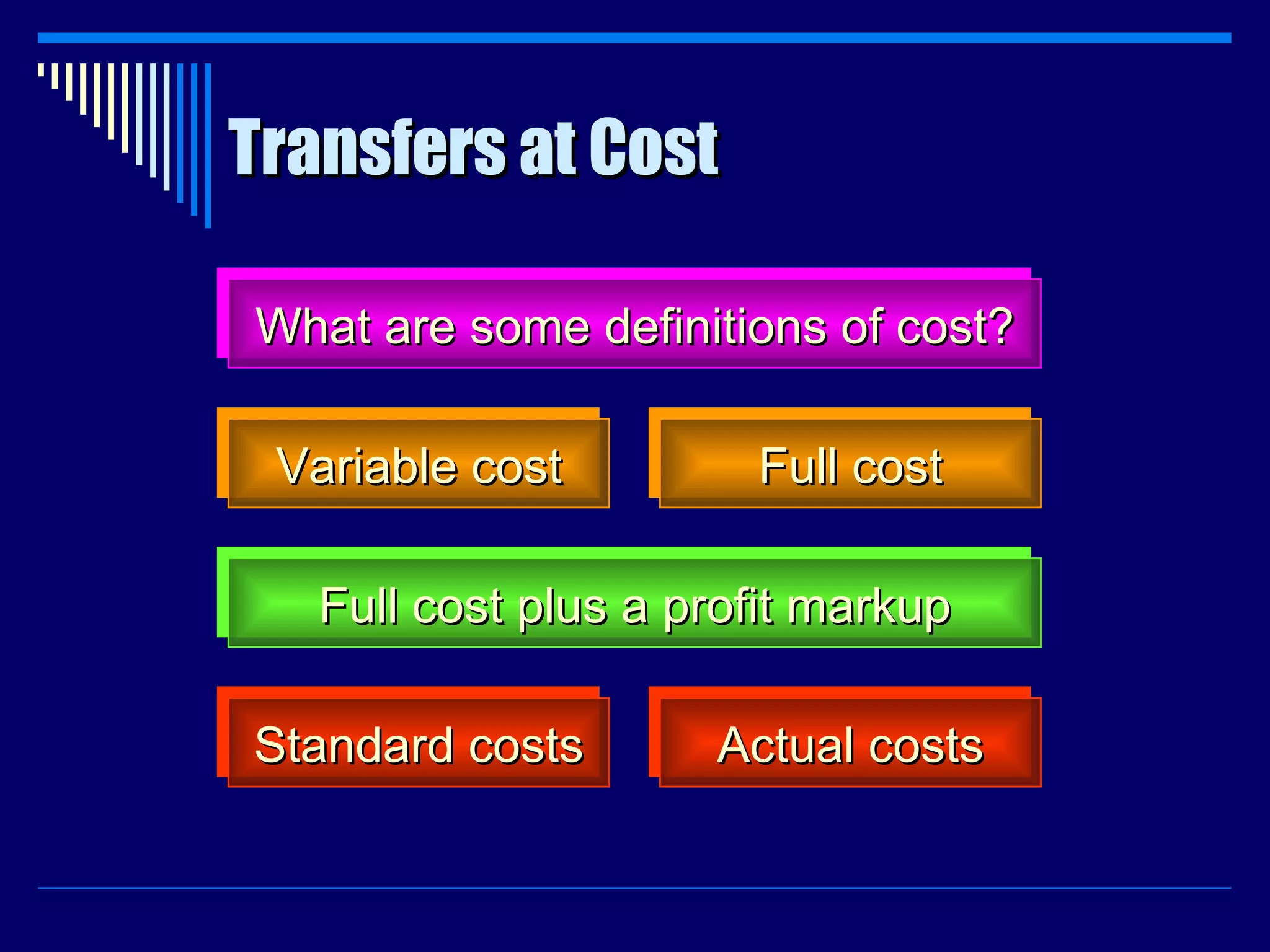Transfers at Cost What are some definitions of cost? Variable cost Full cost plus a profit markup Standard costs Full cost Actual costs 