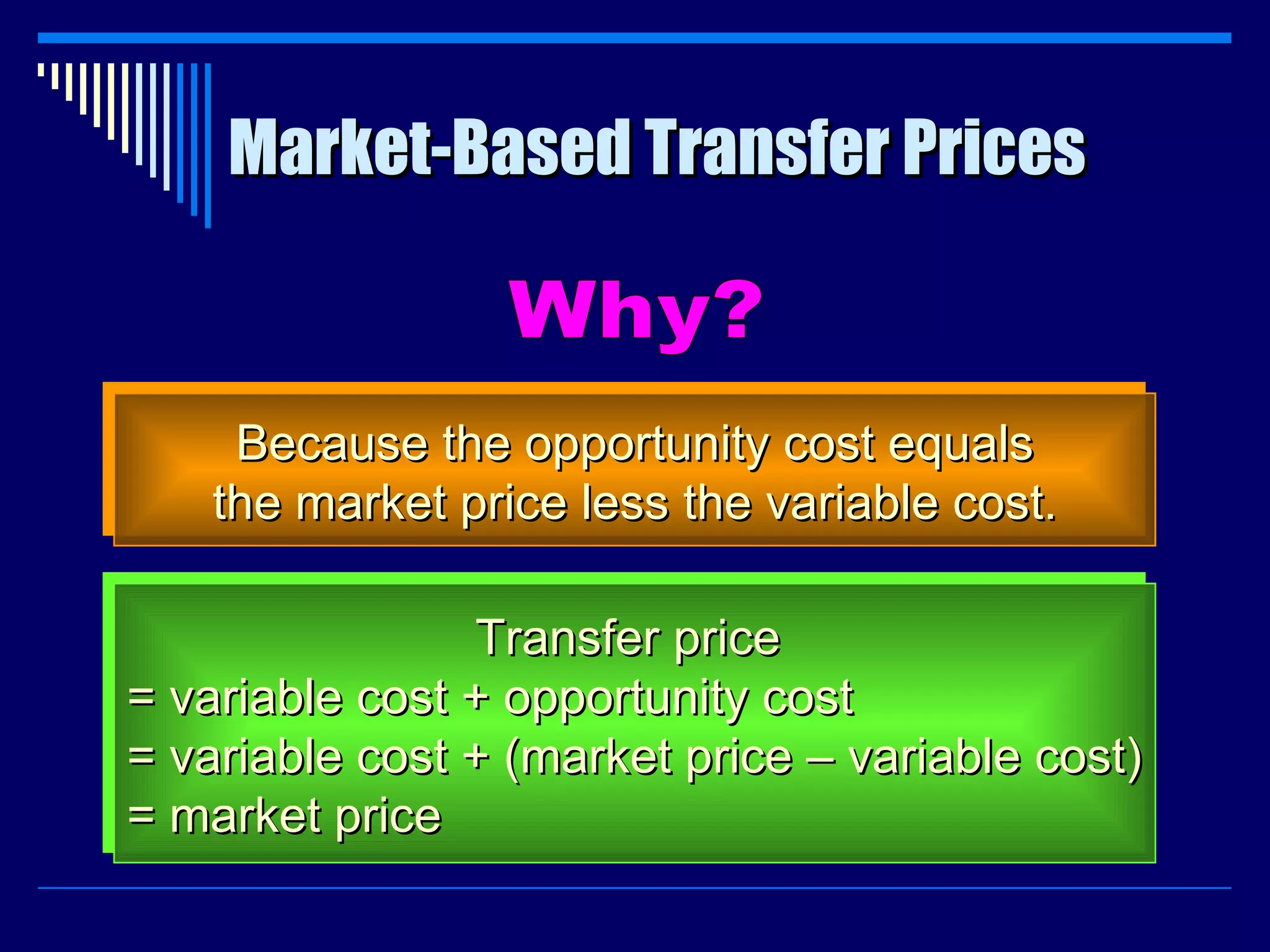 Market-Based Transfer Prices Why? Because the opportunity cost equals the market price less the variable cost.   Transfer price = variable cost + opportunity cost = variable cost + (market price – variable cost) = market price 