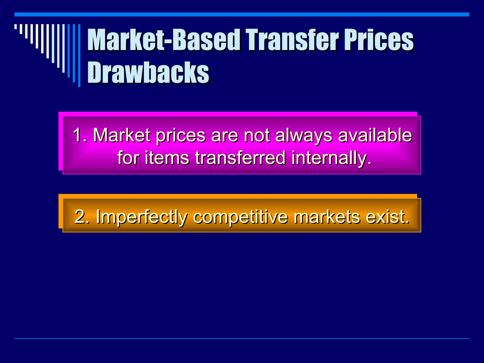 Market-Based Transfer Prices Drawbacks 1. Market prices are not always available for items transferred internally. 2. Imperfectly competitive markets exist. 