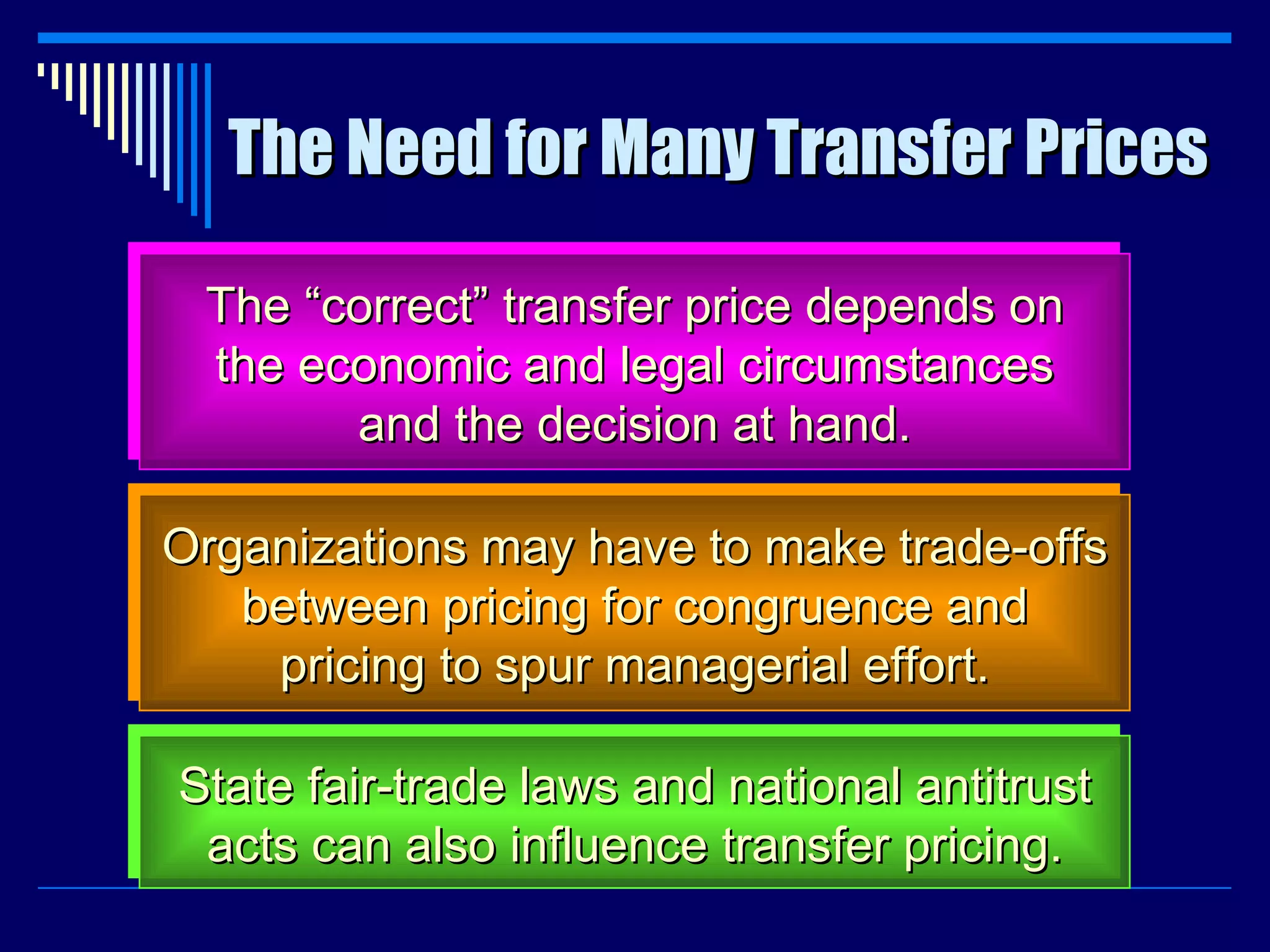 The Need for Many Transfer Prices The “correct” transfer price depends on the economic and legal circumstances and the decision at hand. Organizations may have to make trade-offs between pricing for congruence and pricing to spur managerial effort. State fair-trade laws and national antitrust acts can also influence transfer pricing. 