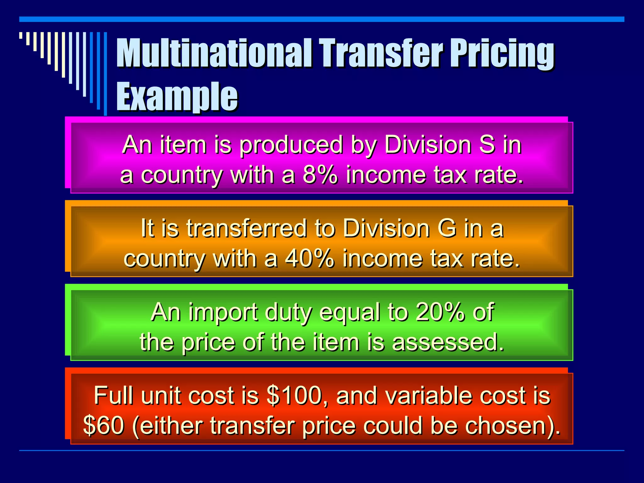 Multinational Transfer Pricing Example An item is produced by Division S in a country with a 8% income tax rate. It is transferred to Division G in a country with a 40% income tax rate. An import duty equal to 20% of the price of the item is assessed. Full unit cost is $100, and variable cost is $60 (either transfer price could be chosen). 