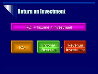 Return on Investment ROI = Income ÷ Investment ROI = Income Revenue × Revenue Investment 