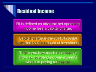 Residual Income RI is defined as after-tax net operating income less a capital charge. Capital charge is the cost of capital multiplied by the amount of investment. RI tells you how much a company’s after-tax operating income exceeds what it is paying for capital. 