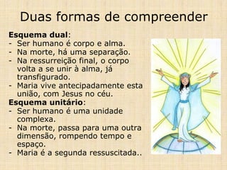 Duas formas de compreender
Esquema dual:
- Ser humano é corpo e alma.
- Na morte, há uma separação.
- Na ressurreição final, o corpo
  volta a se unir à alma, já
  transfigurado.
- Maria vive antecipadamente esta
  união, com Jesus no céu.
Esquema unitário:
- Ser humano é uma unidade
  complexa.
- Na morte, passa para uma outra
  dimensão, rompendo tempo e
  espaço.
- Maria é a segunda ressuscitada..
 