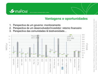 Vantagens e oportunidades 
1.Perspectiva de um governo: monitoramento 
2.Perspectiva de um desenvolvedor/investidor: retorno financeiro 
3.Perspectiva das comunidades & biodiversidade...  