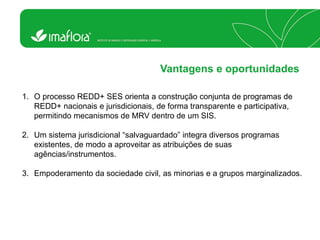 Vantagens e oportunidades 
1.O processo REDD+ SES orienta a construção conjunta de programas de REDD+ nacionais e jurisdicionais, de forma transparente e participativa, permitindo mecanismos de MRV dentro de um SIS. 
2.Um sistema jurisdicional “salvaguardado” integra diversos programas existentes, de modo a aproveitar as atribuições de suas agências/instrumentos. 
3.Empoderamento da sociedade civil, as minorias e a grupos marginalizados.  