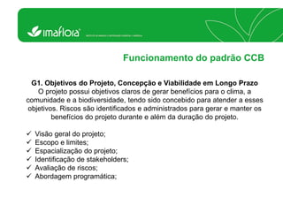 Funcionamento do padrão CCB 
G1. Objetivos do Projeto, Concepção e Viabilidade em Longo Prazo O projeto possui objetivos claros de gerar benefícios para o clima, a comunidade e a biodiversidade, tendo sido concebido para atender a esses objetivos. Riscos são identificados e administrados para gerar e manter os benefícios do projeto durante e além da duração do projeto. 
Visão geral do projeto; 
Escopo e limites; 
Espacialização do projeto; 
Identificação de stakeholders; 
Avaliação de riscos; 
Abordagem programática;  