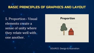 BASIC PRINCIPLES OF GRAPHICS AND LAYOUT
5. Proportion - Visual
elements create a
sense of unity where
they relate well with
one another.
SOURCE: Design & Illusration
 