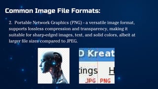 Common Image File Formats:
2. Portable Network Graphics (PNG) - a versatile image format,
supports lossless compression and transparency, making it
suitable for sharp-edged images, text, and solid colors, albeit at
larger file sizes compared to JPEG.
 