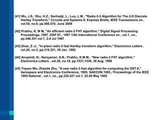 [41] Wu, J.S.; Shu, H.Z.; Senhadji, L.; Luo, L.M., "Radix-3-3 Algorithm for The 2-D Discrete 
Hartley Transform," Circuits and Systems II: Express Briefs, IEEE Transactions on , 
vol.55, no.6, pp.566,570, June 2008 
[42] Prabhu, K. M M, "An efficient radix-3 FHT algorithm," Digital Signal Processing 
Proceedings, 1997. DSP 97., 1997 13th International Conference on , vol.1, no., 
pp.349,351 vol.1, 2-4 Jul 1997 
[43] Zhao, Z.-J., "In-place radix-3 fast Hartley transform algorithm," Electronics Letters , 
vol.28, no.3, pp.319,321, 30 Jan. 1992 
[44] Anupindi, N.; Narayanan, S.B.; Prabhu, K.M.M., "New radix-3 FHT algorithm," 
Electronics Letters , vol.26, no.18, pp.1537,1538, 30 Aug. 1990 
[45] Yiquan Wu; Zhaoda Zhu, "A new radix-3 fast algorithm for computing the DST-II," 
Aerospace and Electronics Conference, 1995. NAECON 1995., Proceedings of the IEEE 
1995 National , vol.1, no., pp.324,327 vol.1, 22-26 May 1995 
 