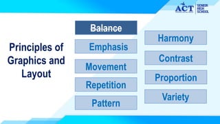 Principles of
Graphics and
Layout
Balance
Pattern
Harmony
Emphasis
Repetition
Contrast
Movement
Proportion
Variety
 