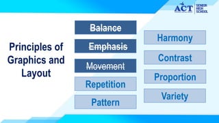 Principles of
Graphics and
Layout
Balance
Pattern
Harmony
Emphasis
Repetition
Contrast
Movement
Proportion
Variety
 