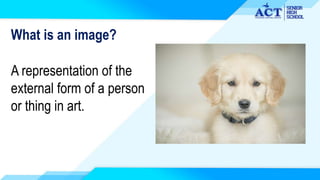 What is an image?
A representation of the
external form of a person
or thing in art.
 