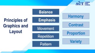 Principles of
Graphics and
Layout
Balance
Pattern
Harmony
Emphasis
Repetition
Contrast
Movement
Proportion
Variety
 