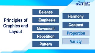 Principles of
Graphics and
Layout
Balance
Pattern
Harmony
Emphasis
Repetition
Contrast
Movement
Proportion
Variety
 