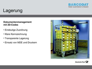 Lagerung Dokumentenmanagement mit 2D-Codes  Eindeutige Zuordnung Klare Kennzeichnung Transparente Lagerung Einsatz von MDE und Druckern 