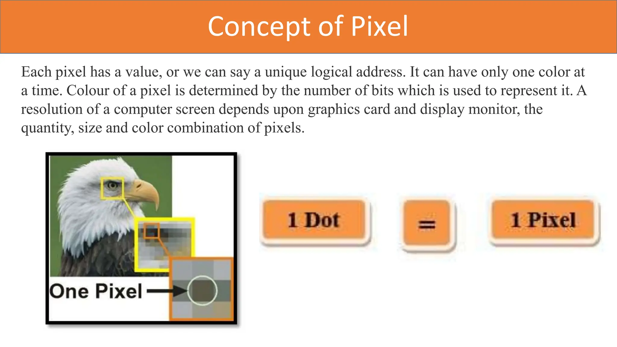 Concept of Pixel
Each pixel has a value, or we can say a unique logical address. It can have only one color at
a time. Colour of a pixel is determined by the number of bits which is used to represent it. A
resolution of a computer screen depends upon graphics card and display monitor, the
quantity, size and color combination of pixels.
 