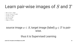Learn pair-wise images of and
- BW & Color image
- Street Scene & Label
- Facade & Label
- Aerial & Map
- Day & Night
- Edges & Photo
source image , target image (label) is pair-
wise.
thus it is Supervised Learning
Junho Cho, Perception and Intelligence Lab, SNU 23
 