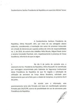 Notificação ao Planalto sobre restrição do uso de aeronaves da FAB pela presidenta Dilma