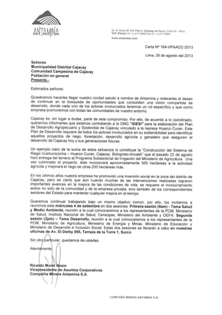 Carta de Antamina a la Comunidad Campesina de Cajacay sobre el Plan de Desarrollo Agropecuario