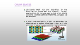 CONVERSION FROM RGB (THE BRIGHTNESS OF THE
INDIVIDUAL RED, GREEN, AND BLUE SIGNALS AT DEFINED
WAVELENGTHS) TO YIQ/YUV AND TO THE OTHER COLOR
ENCODING SCHEMES IS STRAIGHTFORWARD AND LOSES NO
INFORMATION.
Y, THE “LUMINANCE” SIGNAL, IS JUST THE BRIGHTNESS OF
A PANCHROMATIC MONOCHROME IMAGE THAT WOULD BE
DISPLAYED BY A BLACK-AND-WHITE TELEVISION RECEIVER
 