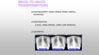 ENHANCEMENT (MAKE IMAGE MORE USEFUL,
PLEASING)
RESTORATION
EGG. DEBLURRING ,GRID LINE REMOVAL
GEOMETRY
(SCALING, SIZING , ZOOMING, MORPHING ONE
OBJECT TO ANOTHER).
 