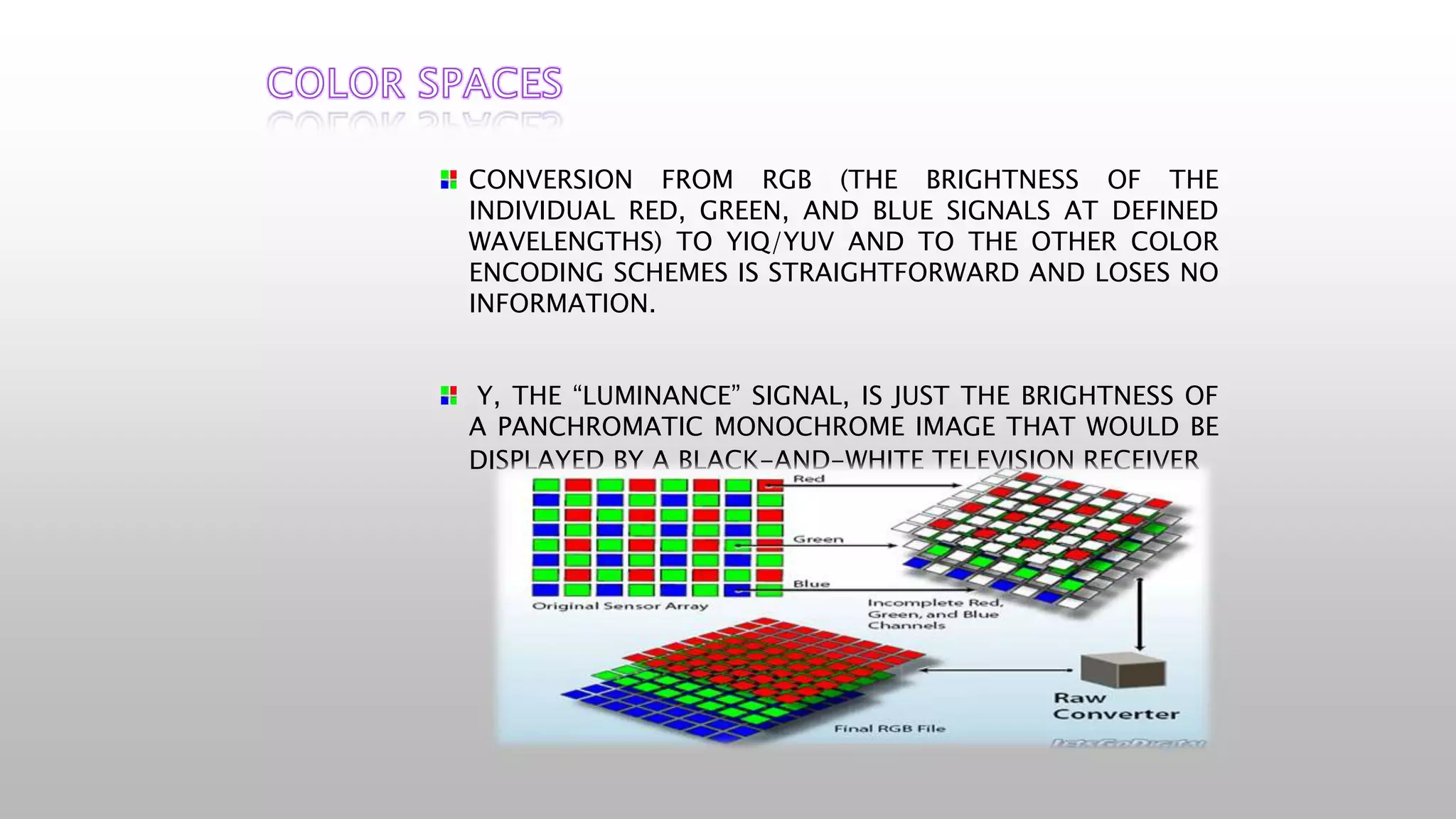 CONVERSION FROM RGB (THE BRIGHTNESS OF THE
INDIVIDUAL RED, GREEN, AND BLUE SIGNALS AT DEFINED
WAVELENGTHS) TO YIQ/YUV AND TO THE OTHER COLOR
ENCODING SCHEMES IS STRAIGHTFORWARD AND LOSES NO
INFORMATION.
Y, THE “LUMINANCE” SIGNAL, IS JUST THE BRIGHTNESS OF
A PANCHROMATIC MONOCHROME IMAGE THAT WOULD BE
DISPLAYED BY A BLACK-AND-WHITE TELEVISION RECEIVER
 