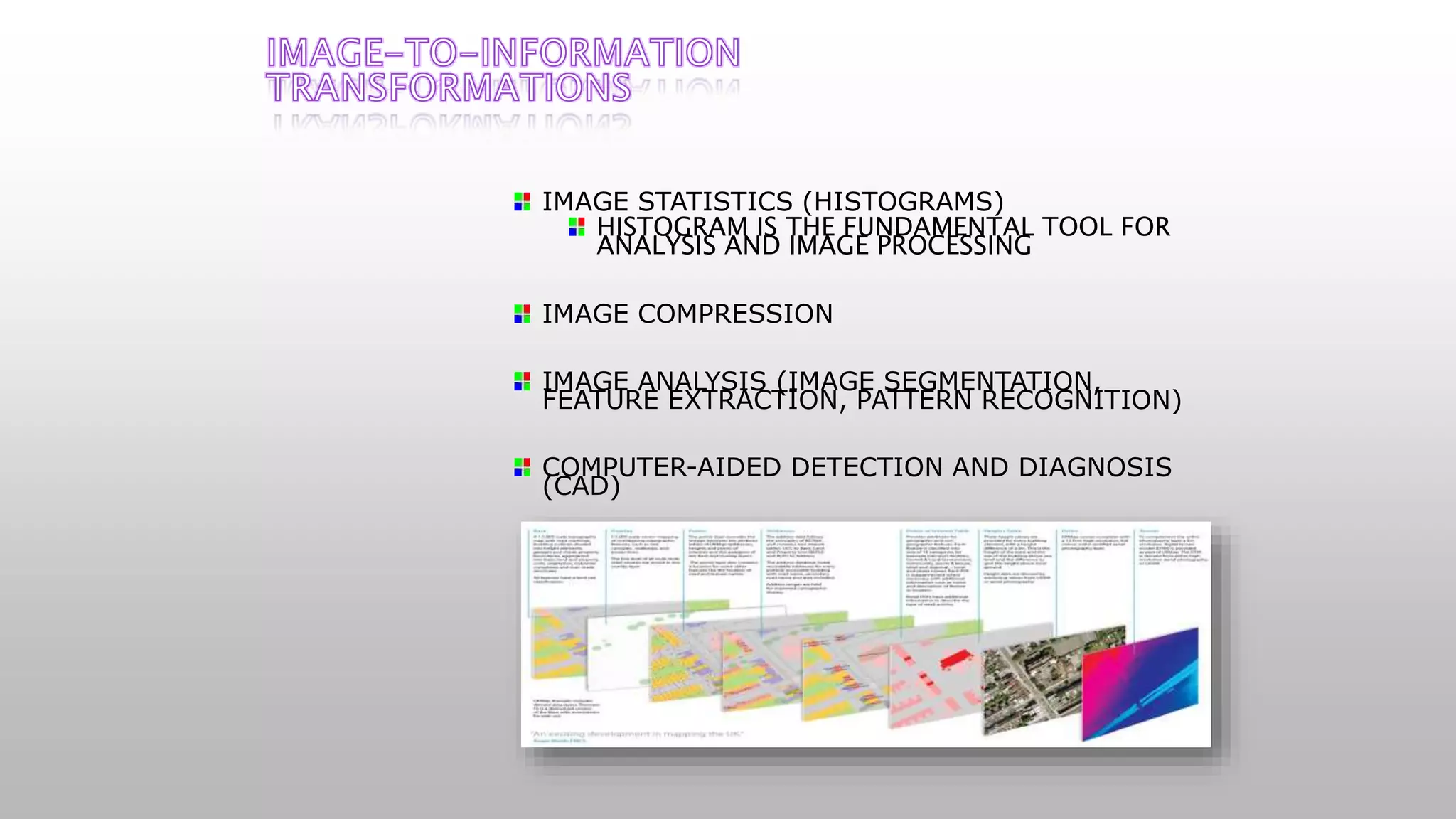 IMAGE STATISTICS (HISTOGRAMS)
HISTOGRAM IS THE FUNDAMENTAL TOOL FOR
ANALYSIS AND IMAGE PROCESSING
IMAGE COMPRESSION
IMAGE ANALYSIS (IMAGE SEGMENTATION,
FEATURE EXTRACTION, PATTERN RECOGNITION)
COMPUTER-AIDED DETECTION AND DIAGNOSIS
(CAD)
 