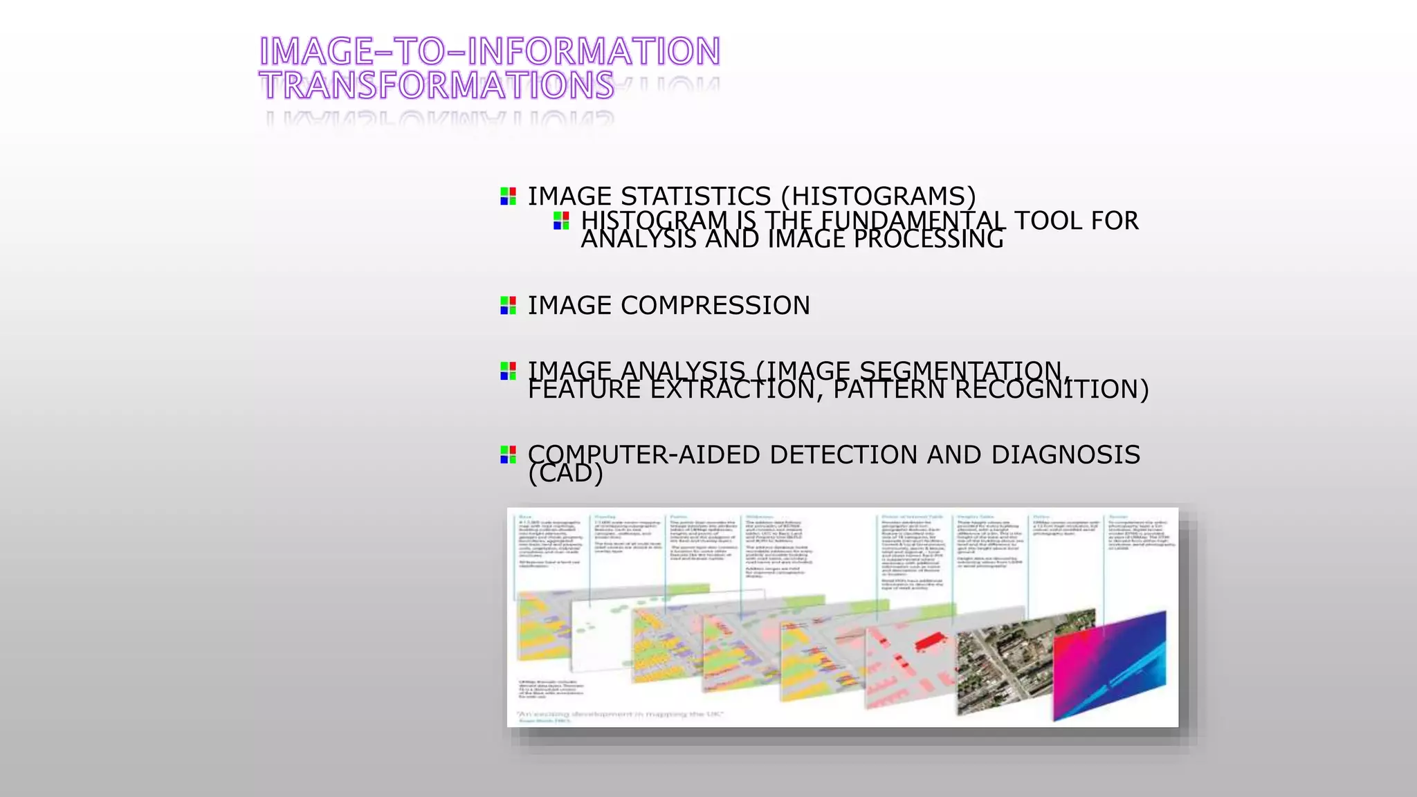 IMAGE STATISTICS (HISTOGRAMS)
HISTOGRAM IS THE FUNDAMENTAL TOOL FOR
ANALYSIS AND IMAGE PROCESSING
IMAGE COMPRESSION
IMAGE ANALYSIS (IMAGE SEGMENTATION,
FEATURE EXTRACTION, PATTERN RECOGNITION)
COMPUTER-AIDED DETECTION AND DIAGNOSIS
(CAD)
 