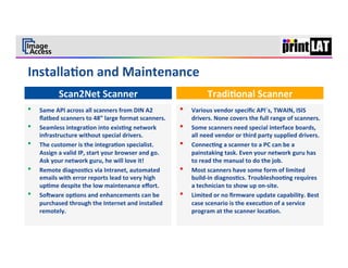 Scan2Net	
  Scanner	
                                                           Tradi3onal	
  Scanner	
  
•    Same	
  API	
  across	
  all	
  scanners	
  from	
  DIN	
  A2	
             •    Various	
  vendor	
  speciﬁc	
  API´s,	
  TWAIN,	
  ISIS	
  
     ﬂatbed	
  scanners	
  to	
  48”	
  large	
  format	
  scanners.	
  	
            drivers.	
  None	
  covers	
  the	
  full	
  range	
  of	
  scanners.	
  	
  
•    Seamless	
  integra3on	
  into	
  exis3ng	
  network	
                      •    Some	
  scanners	
  need	
  special	
  interface	
  boards,	
  
     infrastructure	
  without	
  special	
  drivers.	
  	
                           all	
  need	
  vendor	
  or	
  third	
  party	
  supplied	
  drivers.	
  	
  
•    The	
  customer	
  is	
  the	
  integra3on	
  specialist.	
                 •    Connec3ng	
  a	
  scanner	
  to	
  a	
  PC	
  can	
  be	
  a	
  
     Assign	
  a	
  valid	
  IP,	
  start	
  your	
  browser	
  and	
  go.	
          painstaking	
  task.	
  Even	
  your	
  network	
  guru	
  has	
  
     Ask	
  your	
  network	
  guru,	
  he	
  will	
  love	
  it!	
  	
               to	
  read	
  the	
  manual	
  to	
  do	
  the	
  job.	
  	
  
•    Remote	
  diagnos3cs	
  via	
  Intranet,	
  automated	
                     •    Most	
  scanners	
  have	
  some	
  form	
  of	
  limited	
  
     emails	
  with	
  error	
  reports	
  lead	
  to	
  very	
  high	
               build-­‐in	
  diagnos3cs.	
  Troubleshoo3ng	
  requires	
  
     up3me	
  despite	
  the	
  low	
  maintenance	
  eﬀort.	
  	
                    a	
  technician	
  to	
  show	
  up	
  on-­‐site.	
  
•    Sooware	
  op3ons	
  and	
  enhancements	
  can	
  be	
                     •    Limited	
  or	
  no	
  ﬁrmware	
  update	
  capability.	
  Best	
  
     purchased	
  through	
  the	
  Internet	
  and	
  installed	
                    case	
  scenario	
  is	
  the	
  execu3on	
  of	
  a	
  service	
  
     remotely.	
                                                                      program	
  at	
  the	
  scanner	
  loca3on.	
  	
  
 