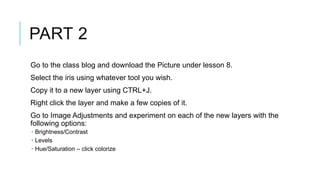 PART 2
Go to the class blog and download the Picture under lesson 8.
Select the iris using whatever tool you wish.
Copy it to a new layer using CTRL+J.
Right click the layer and make a few copies of it.
Go to Image Adjustments and experiment on each of the new layers with the
following options:
Brightness/Contrast
Levels
Hue/Saturation – click colorize