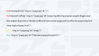 Bad (missingalttext):<imgsrc="puppy.jpg"alt=""/>
Bad (keywordstuffing):<imgsrc="puppy.jpg"alt="puppydogbabydogpuppupspuppiesdoggiespups
litterpuppiesdogretriever labradorwolfhoundsetterpointerpuppyjackrussellterrier puppiesdogfood
cheapdogfoodpuppyfood"/>
Better: <imgsrc="puppy.jpg"alt="puppy"/>
Best: <imgsrc="puppy.jpg"alt="Dalmatianpuppyplayingfetch"/>