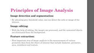 Principles of Image Analysis
Image detection and segmentation:
• By adjusting grey threshold value, one can detect the cells or image of the
interest.
Image editing:
• With the help of editing, the images are processed, and the unwanted objects
are eliminated from the background.
Feature extraction:
• Next important step of image analysis is the measurement of various
geometric data from the object of interest that include diameter, perimeter,
area, roundness and texture.
 