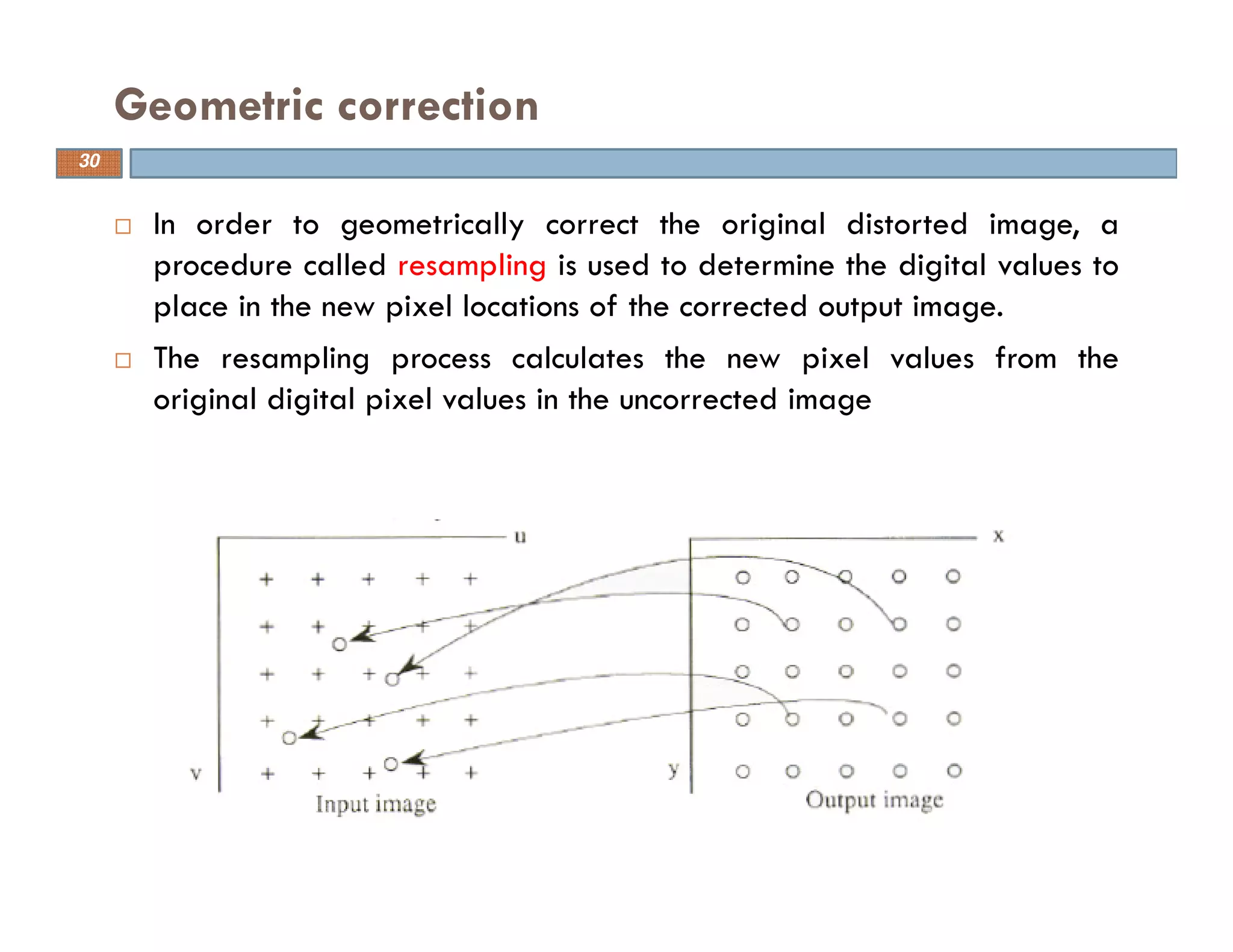 In order to geometrically correct the original distorted image, a
procedure called resampling is used to determine the digital values to
place in the new pixel locations of the corrected output image.
The resampling process calculates the new pixel values from the
original digital pixel values in the uncorrected image
Geometric correction
30
 