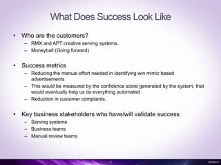 What Does Success Look Like
• Who are the customers?
– RMX and APT creative serving systems.
– Moneyball (Going forward)

• Success metrics
– Reducing the manual effort needed in identifying win mimic based
advertisements
– This would be measured by the confidence score generated by the system, that
would eventually help us do everything automated
– Reduction in customer complaints.

• Key business stakeholders who have/will validate success
– Serving systems
– Business teams
– Manual review teams

11

12/4/2013

 