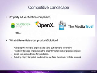 Competitive Landscape
• 3rd party ad verification companies.

etc.,
• What differentiates our product/Solution?
–
–
–
–

Avoiding the need to expose and send out demand inventory.
Flexibility to keep improvising the algorithms for higher precision/recall.
Quick turn around time for validation.
Building highly targeted models ( for ex: fake facebook, or fake adobe)

12

12/4/2013

 