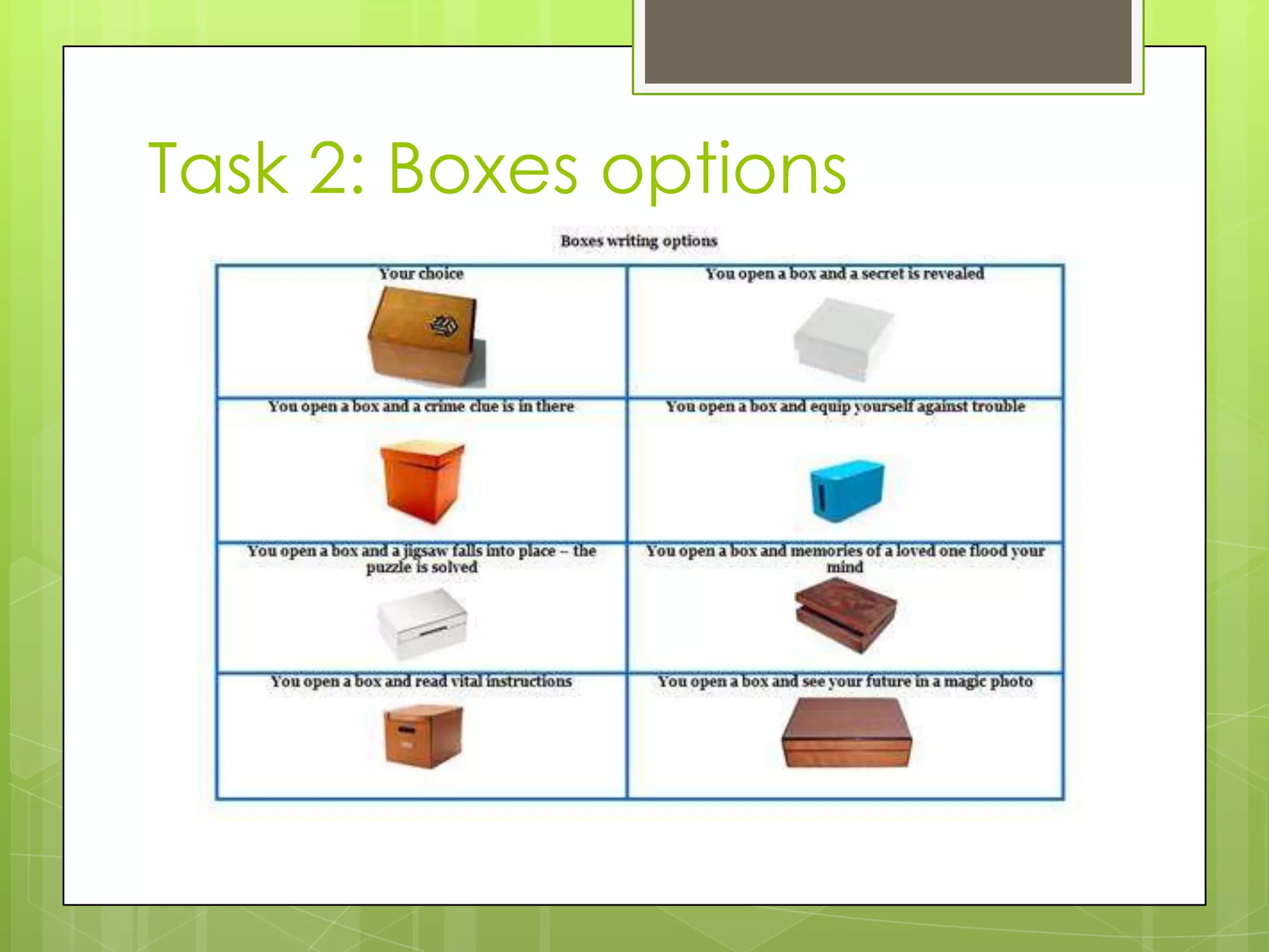 Task 2: Boxes options
 