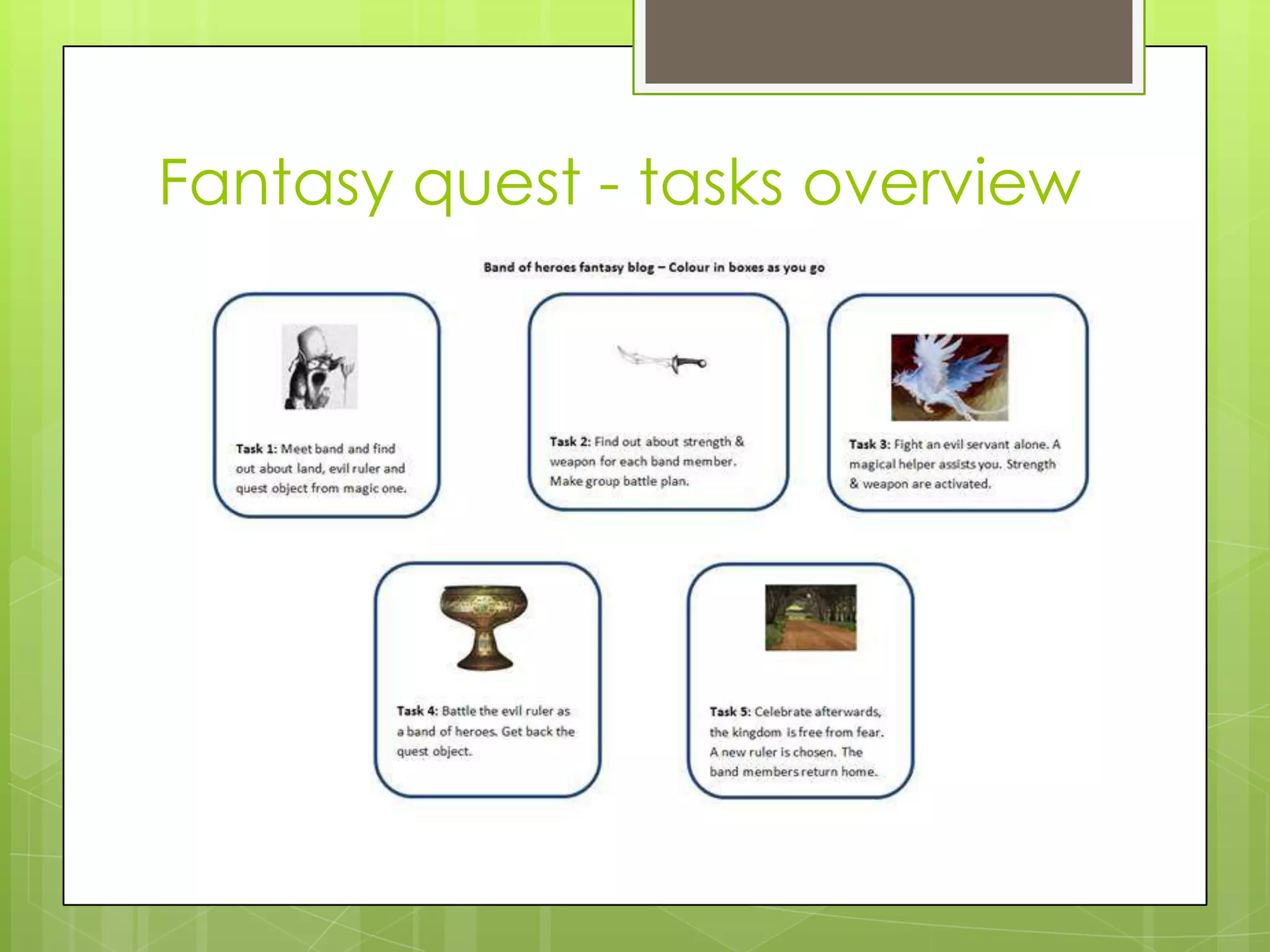 Fantasy quest - tasks overview
 