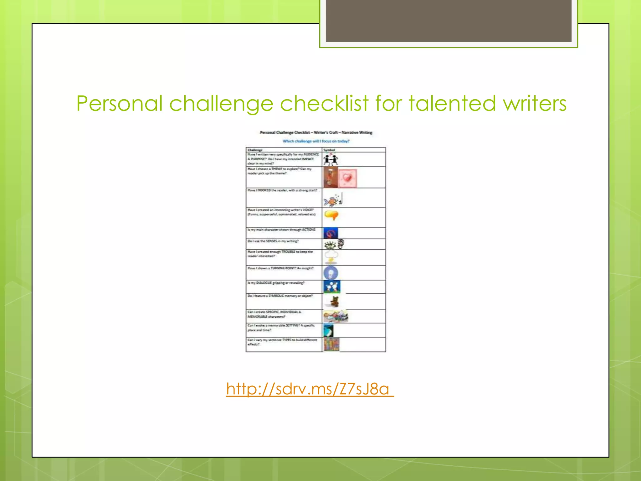 Personal challenge checklist for talented writers
http://sdrv.ms/Z7sJ8a
 