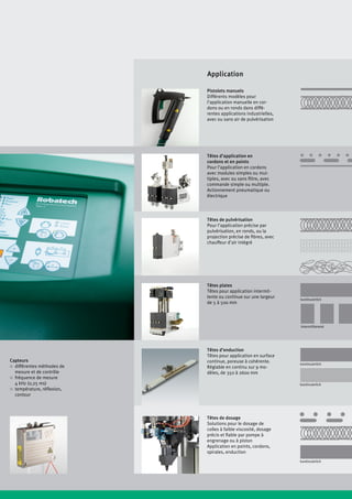 Capteurs
	différentes méthodes de
mesure et de contrôle
	fréquence de mesure
4 kHz (0,25 ms)
	température, réflexion,
contour
Têtes d’application en
cordons et en points
Pour l’application en cordons
avec modules simples ou mul-
tiples, avec ou sans filtre, avec
commande simple ou multiple.
Actionnement pneumatique ou
électrique
Têtes de pulvérisation
Pour l’application précise par
pulvérisation, en ronds, ou la
projection précise de fibres, avec
chauffeur d’air intégré
Têtes plates
Têtes pour application intermit-
tente ou continue sur une largeur
de 5 à 500 mm
Têtes d’enduction
Têtes pour application en surface
continue, poreuse à cohérente.
Réglable en continu sur 9 mo-
dèles, de 350 à 2600 mm
Têtes de dosage
Solutions pour le dosage de
colles à faible viscosité, dosage
précis et fiable par pompe à
engrenage ou à piston
Application en points, cordons,
spirales, enduction
Pistolets manuels
Différents modèles pour
l’application manuelle en cor-
dons ou en ronds dans diffé-
rentes applications industrielles,
avec ou sans air de pulvérisation
Application
kontinuierlich
intermittierend
kontinuierlich
kontinuierlich
kontinuierlich
 