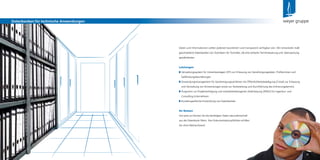 18
Datenbanken für technische Anwendungen
19
weyer gruppe
Daten und Informationen sollten jederzeit koordiniert und transparent verfügbar sein. Wir entwickeln maß-
geschneiderte Datenbanken von Technikern für Techniker, die eine einfache Terminsteuerung und -überwachung
gewährleisten.
Leistungen
Verwaltungssystem für Industrieanlagen (VFI) zur Erfassung von Genehmigungsdaten, Prüfterminen und
Gefährdungsbeurteilungen
Einwendungsmanagement für Genehmigungsverfahren mit Öffentlichkeitsbeteiligung (Cristal) zur Erfassung
und Verwaltung von Einwendungen sowie zur Vorbereitung und Durchführung des Erörterungstermins
Programm zur Projektverfolgung und mitarbeiterbezogenen Zeiterfassung (PAKO) für Ingenieur- und
Consulting-Unternehmen
Kundenspeziﬁsche Entwicklung von Datenbanken
Ihr Nutzen
Von jetzt an können Sie die benötigten Daten sekundenschnell
aus der Datenbank ﬁltern. Ihre Dokumentationspﬂichten erfüllen
Sie ohne Mehraufwand.
 