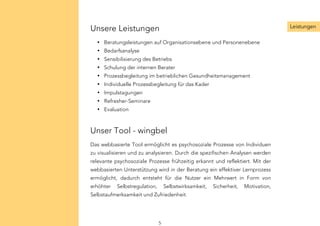 Unsere Leistungen
• Beratungsleistungen auf Organisationsebene und Personenebene
• Bedarfsanalyse
• Sensibilisierung des Betriebs
• Schulung der internen Berater
• Prozessbegleitung im betrieblichen Gesundheitsmanagement
• Individuelle Prozessbegleitung für das Kader
• Impulstagungen
• Refresher-Seminare
• Evaluation
	
  
	
  
Unser Tool - wingbel
Das webbasierte Tool ermöglicht es psychosoziale Prozesse von Individuen
zu visualisieren und zu analysieren. Durch die spezifischen Analysen werden
relevante psychosoziale Prozesse frühzeitig erkannt und reflektiert. Mit der
webbasierten Unterstützung wird in der Beratung ein effektiver Lernprozess
ermöglicht, dadurch entsteht für die Nutzer ein Mehrwert in Form von
erhöhter Selbstregulation, Selbstwirksamkeit, Sicherheit, Motivation,
Selbstaufmerksamkeit und Zufriedenheit.
	
  
	
  
Leistungen
5
 