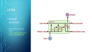 LSTM
• Overall
structure
• Recommend to see this
video:
https://www.youtube.com/
watch?v=WCUNPb-5EYI
 