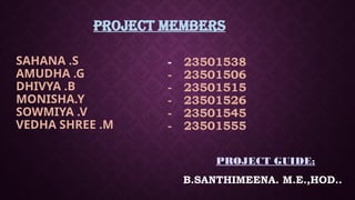 PROJECT MEMBERS
SAHANA .S
AMUDHA .G
DHIVYA .B
MONISHA.Y
SOWMIYA .V
VEDHA SHREE .M
- 23501538
- 23501506
- 23501515
- 23501526
- 23501545
- 23501555
PROJECT GUIDE;
B.SANTHIMEENA. M.E.,HOD..
 